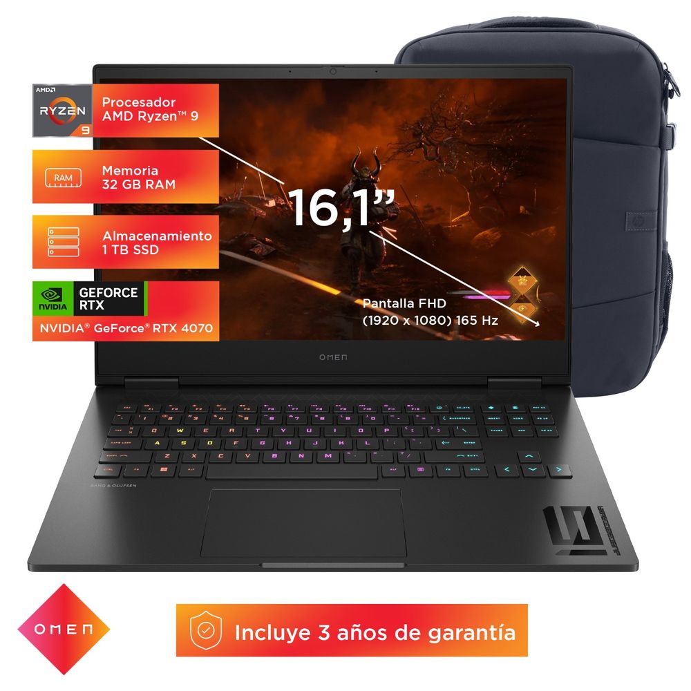 Laptop Gamer HP Omen 16-xf0002la AMD Ryzen 9 32GB RMA 1TB SSD 16.1" RTX 4070 + Mochila HP Creator