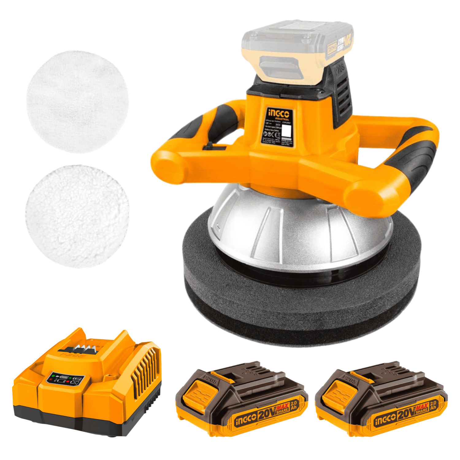 Pulidora Orbital Inalámbrica 20v + 2 Baterías 2ah y Cargador Ingco COPLI2001-FBCPK1222
