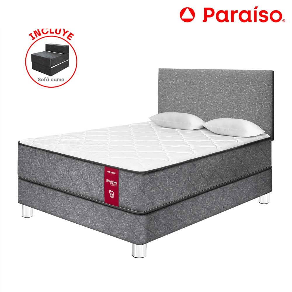 Dormitorio PARAISO Lifestyles Pocket Acero 2 Plazas + Sofá Cama + 2 Almohadas + 1 Protector