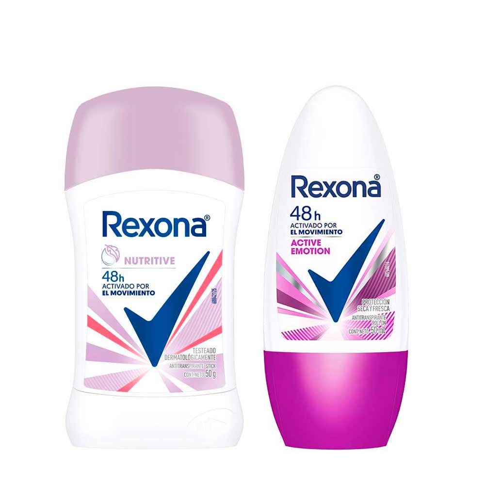 Pack Desodorante Roll On REXONA Women Active Emotion 50ml + Desodorante Barra REXONA Women Care Nutritive 50g