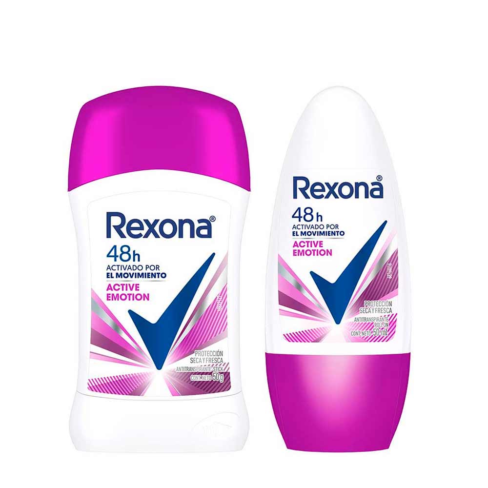 Pack Desodorante Barra REXONA Women Active Emotion Frasco 50g + Desodorante Roll On REXONA Women Active Emotion 50ml