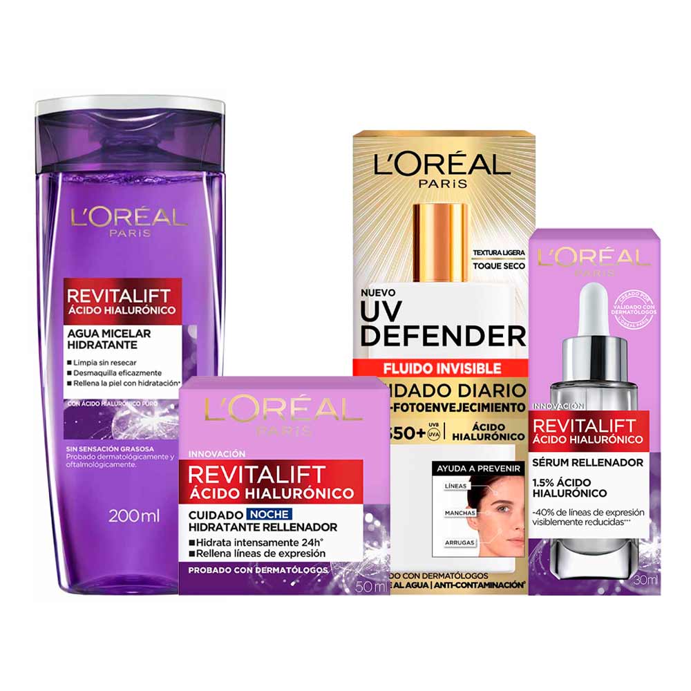 Pack L'OREÁL Ácido Hialurónico Agua Micelar 200ml + Crema Facial Noche 50ml + Bloqueador UV Defender FPS50 40g + Sérum Revitalift 30ml