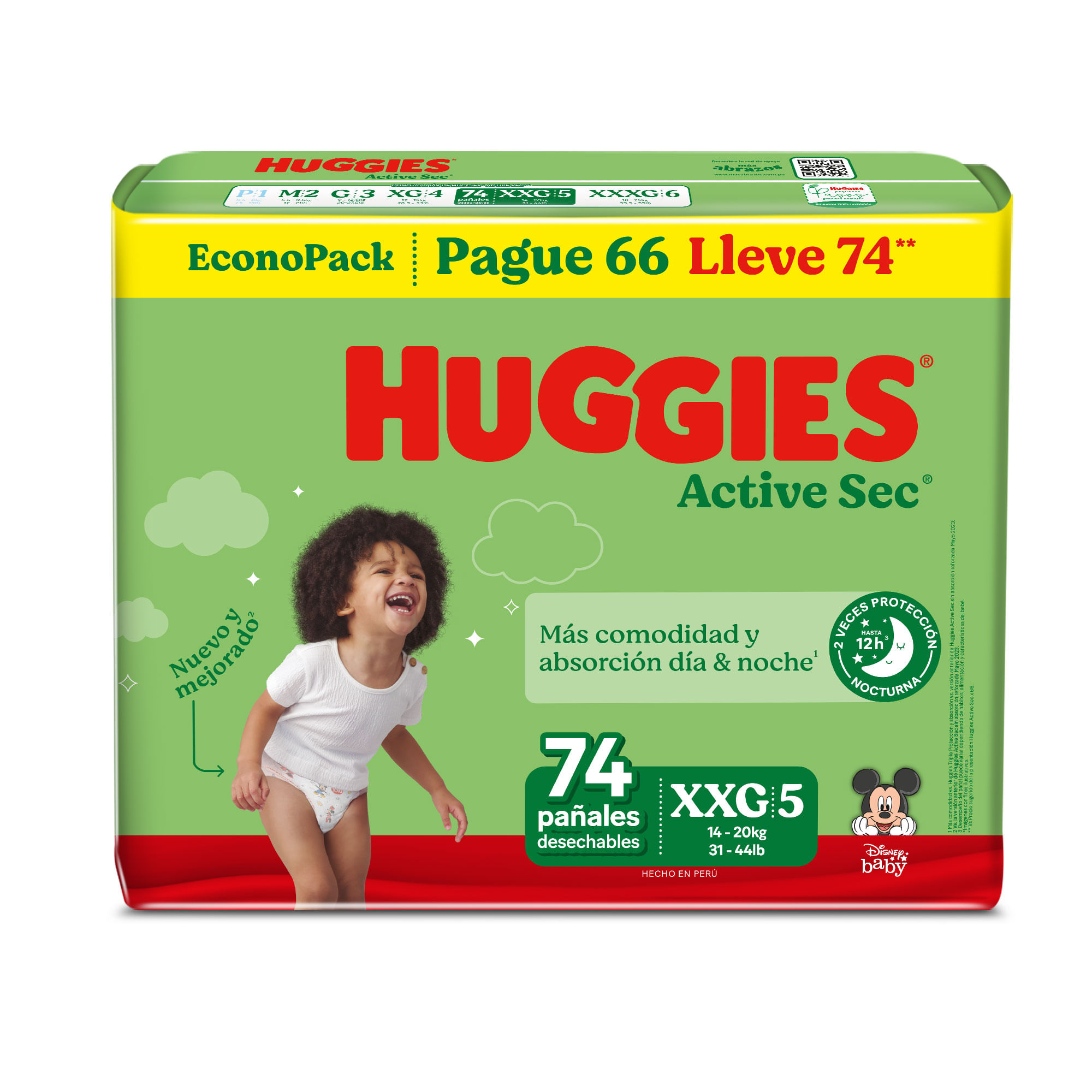 Pañales para Bebé HUGGIES Active Sec XXG Paquete 74un