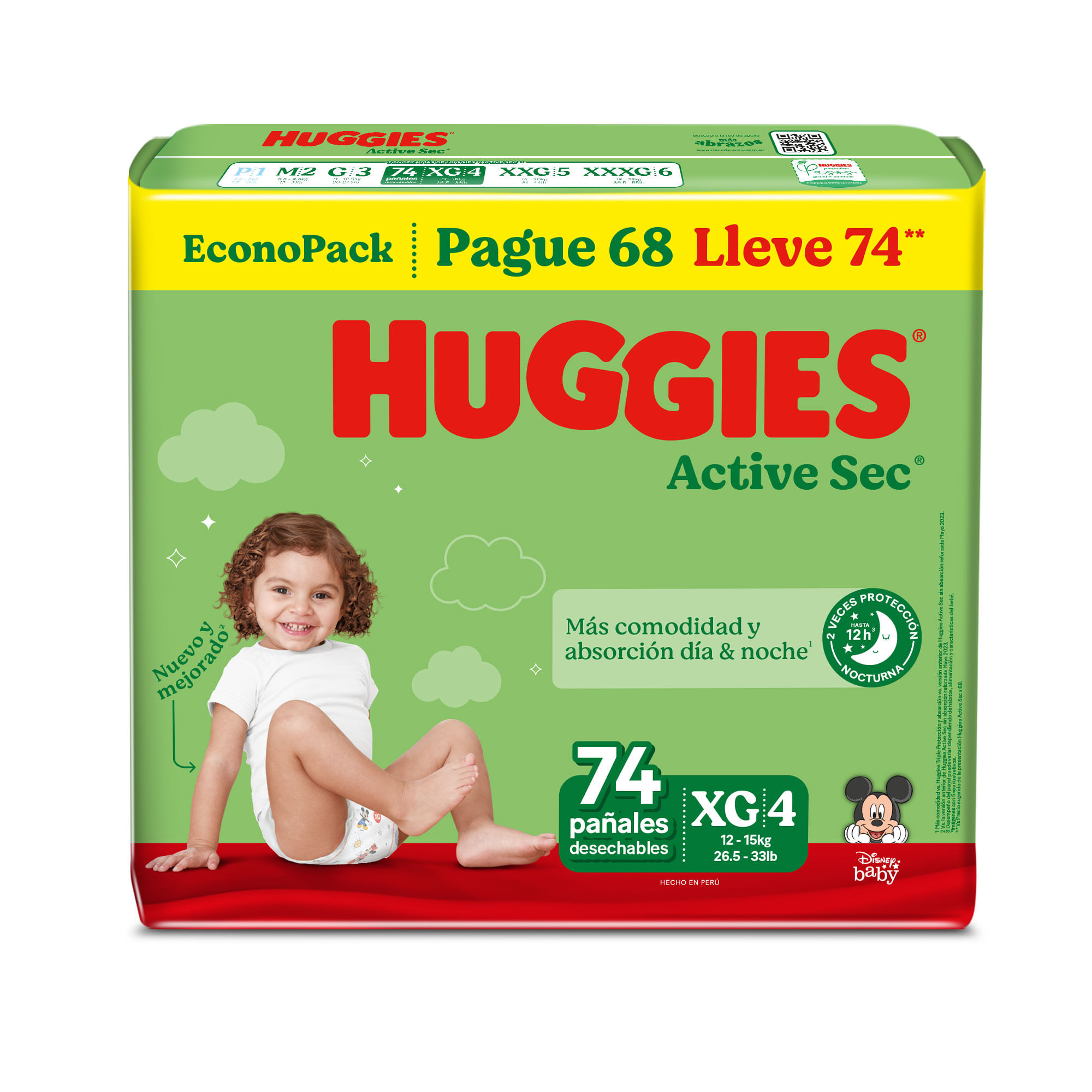 Pañales para Bebé HUGGIES Active Sec XG Paquete 74un