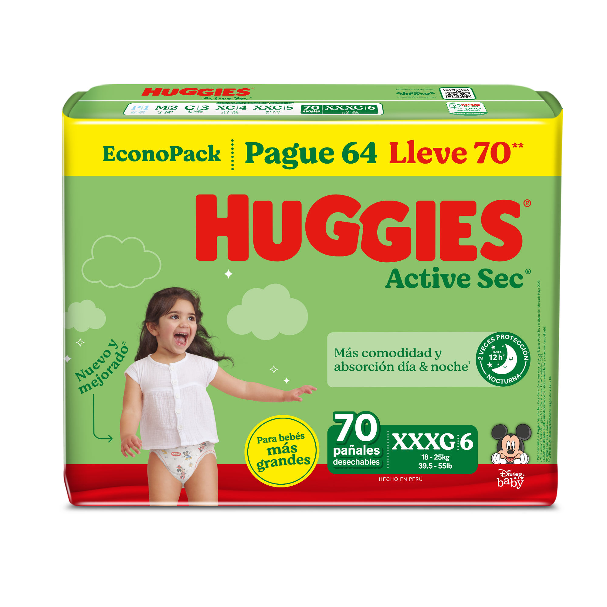 Pañales para Bebé HUGGIES Active Sec XXXG Paquete 70un