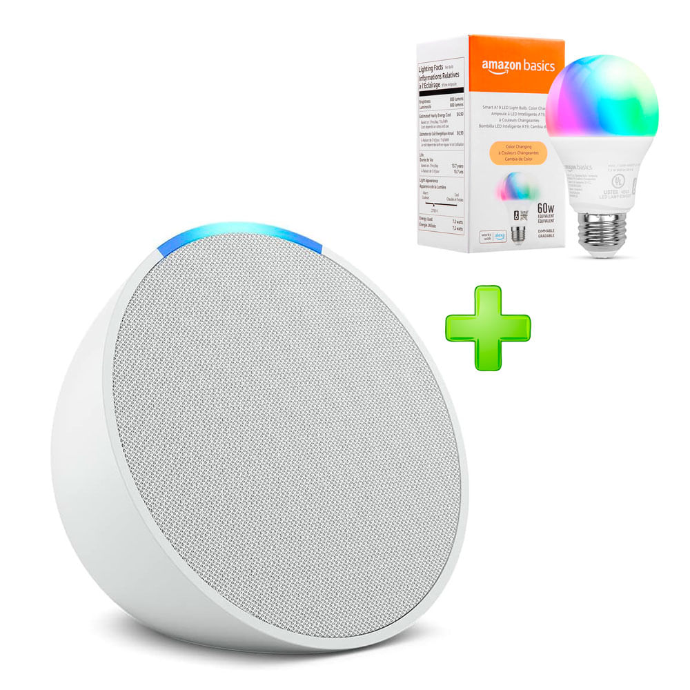 Pack Echo Pop Parlante Inteligente Alexa Blanco + Foco Amazon Basics 60W