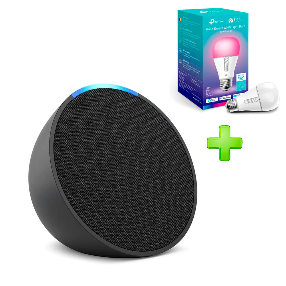 Pack Echo Pop Parlante Inteligente Alexa Negro + Foco TP-Link 60W Kasa KL135