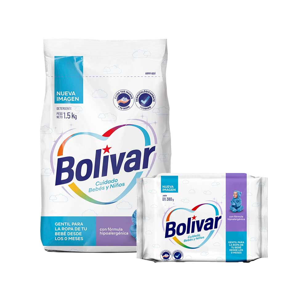 Pack BOLIVAR Detergente Polvo Baby Kids Bolsa 1.5Kg + Jabón Cuidado Bebés Bolsa 380g