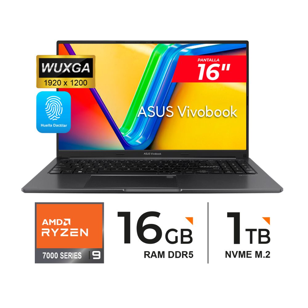 Laptop Asus Vivobook  16? WUXGA  AMD Ryzen 9 7940HS 5.2GHz 8 Núcleos 16GB DDR5 1TB SSD FREEDOS