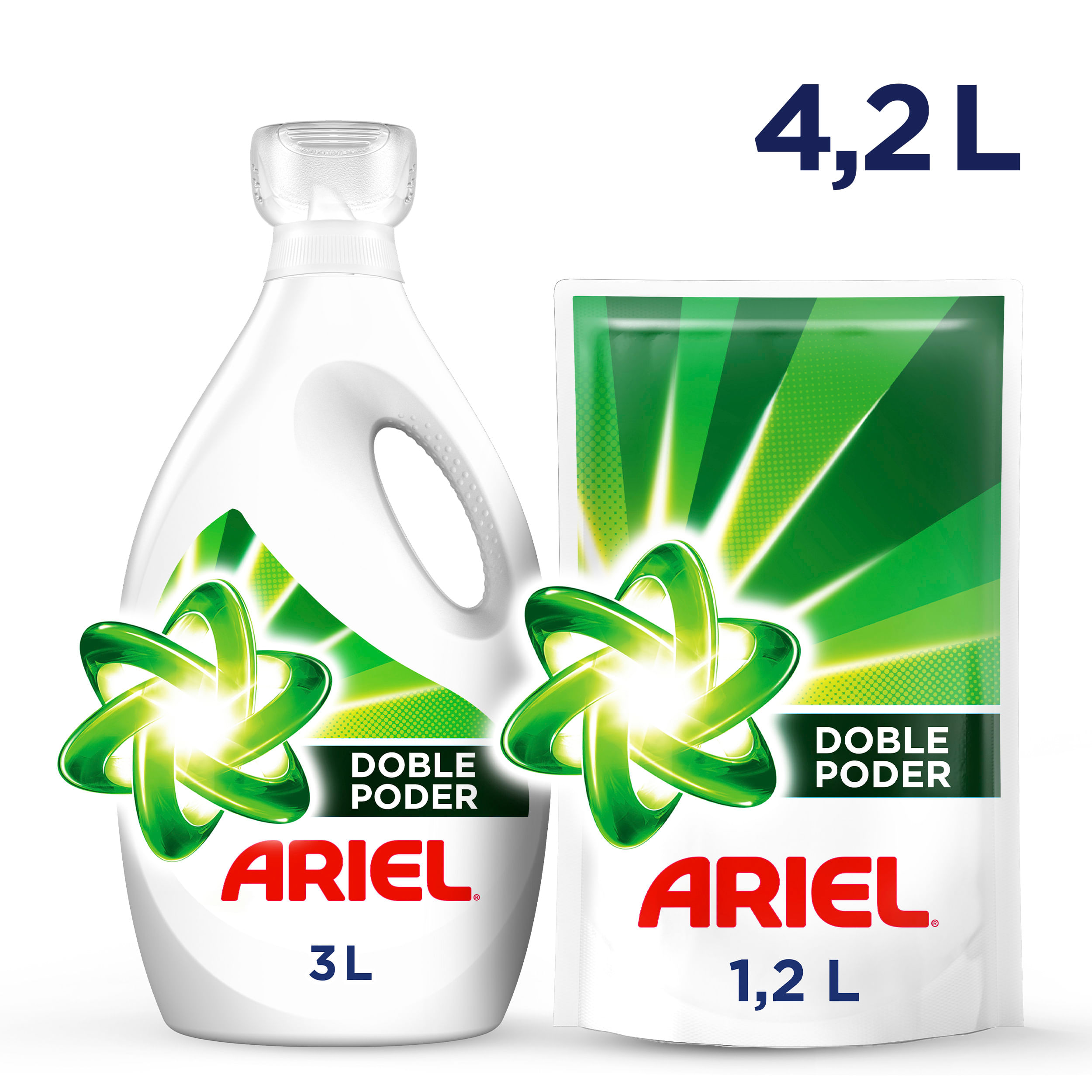 Pack Detergente Líquido ARIEL Doble Poder Doypack 1.2L + Detergente líquido ARIEL Concentrado Galonera 3000ml