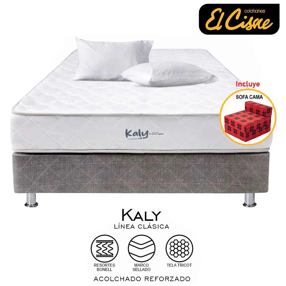 Cama EL CISNE Kaly 2 Plazas +Colchon + Box Tarima + Sofa Cama + 02 Almohadas