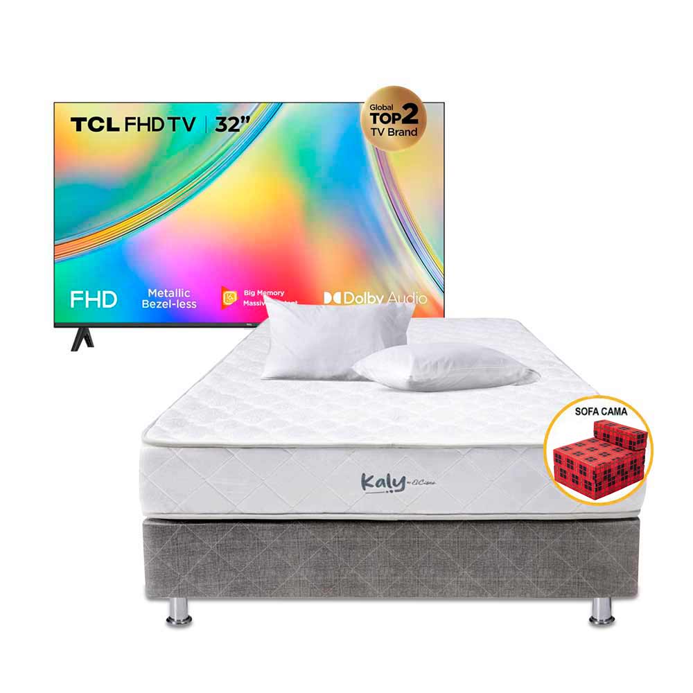 Pack Cama EL CISNE Kaly 2 Plazas Colchon + Box Tarima) + Sofá Cama + 2 Almohadas + Televisor TCL LED 32" FHD Smart Tv 32S5400AF