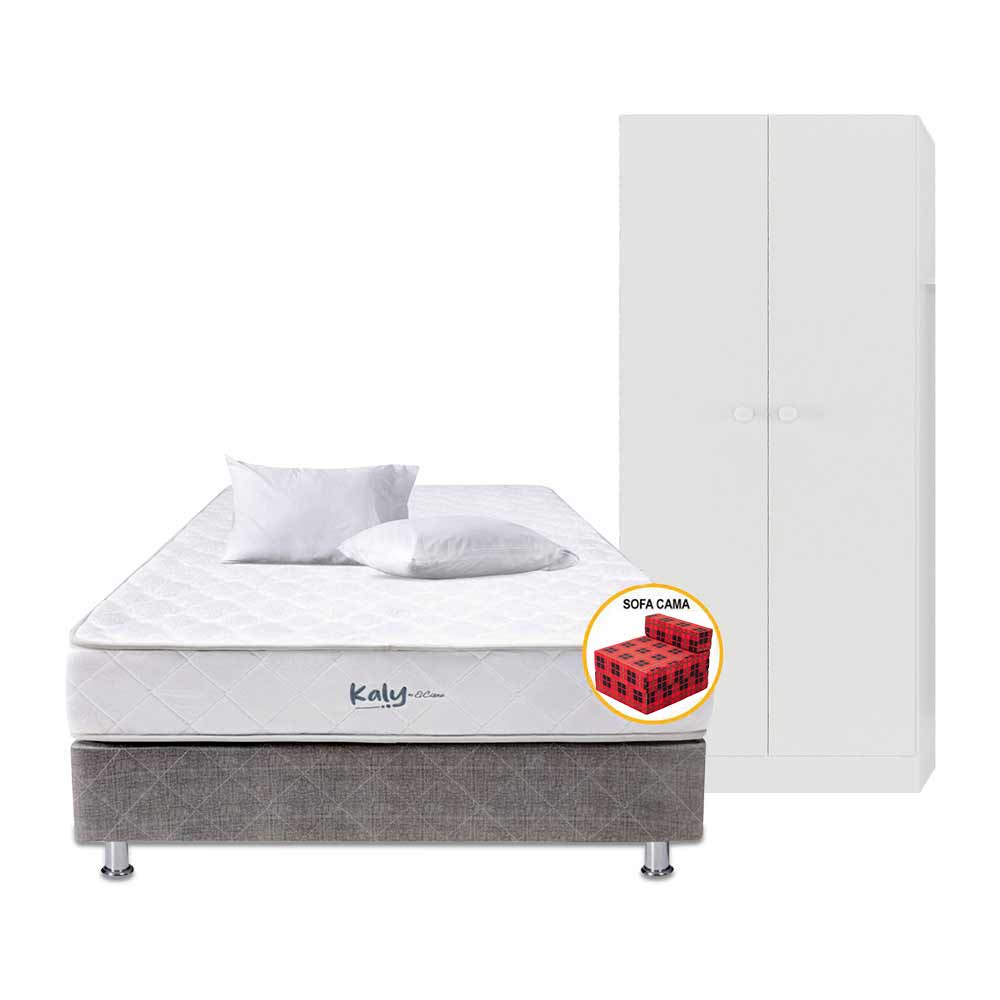 Pack Cama EL CISNE Kaly 2 Plz + Colchón + Box Tarima + Sofá Cama + 2 Almohadas + Ropero VIVA HOME 2 Puertas Blanco