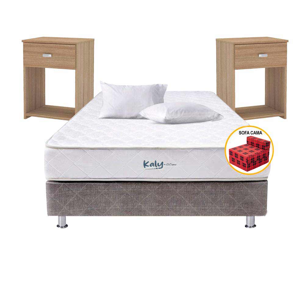 Pack Cama EL CISNE Kaly 2 Plz + Colchon + Box Tarima + Sofá Cama + 2 Almohadas + 2 Veladores VIVA HOME Miami