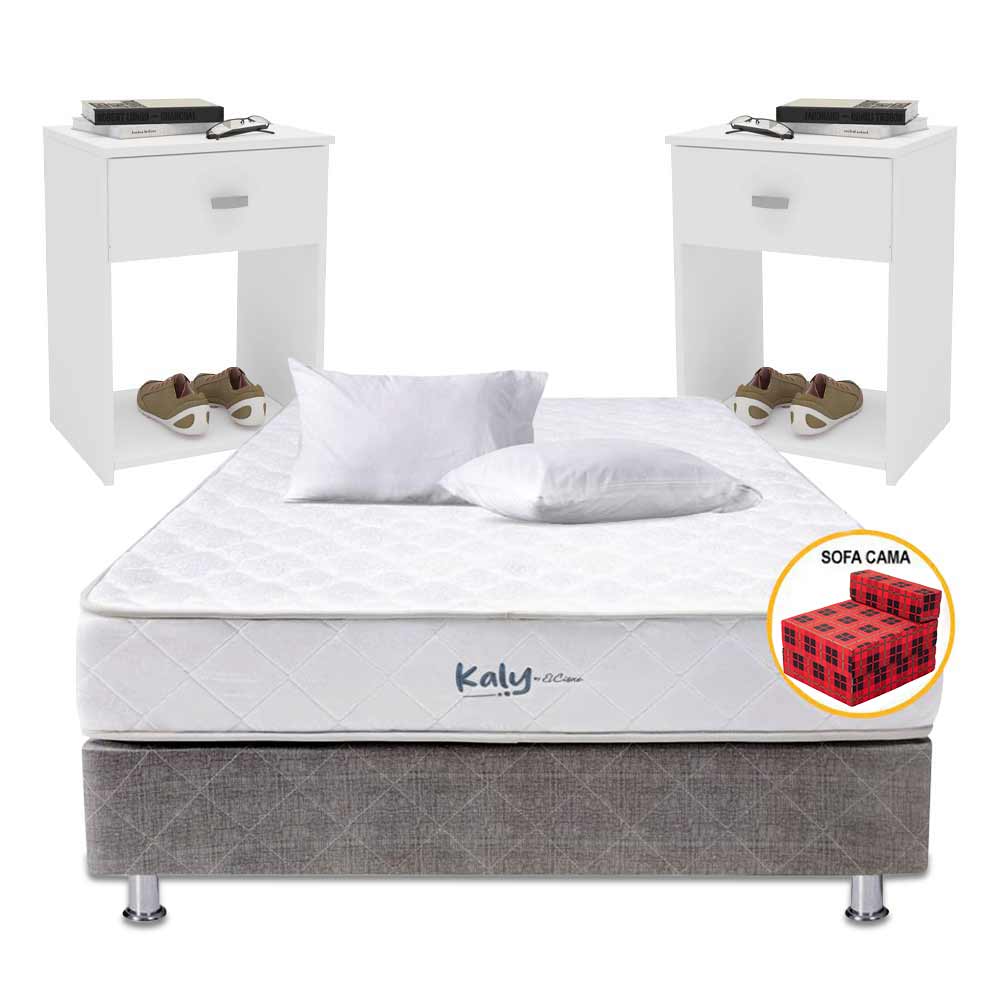 Pack Cama EL CISNE Kaly 2 Plz +Colchón + Box Tarima + Sofá Cama + 02 Almohadas + 2 Veladores VIVA HOME Miami Blanco