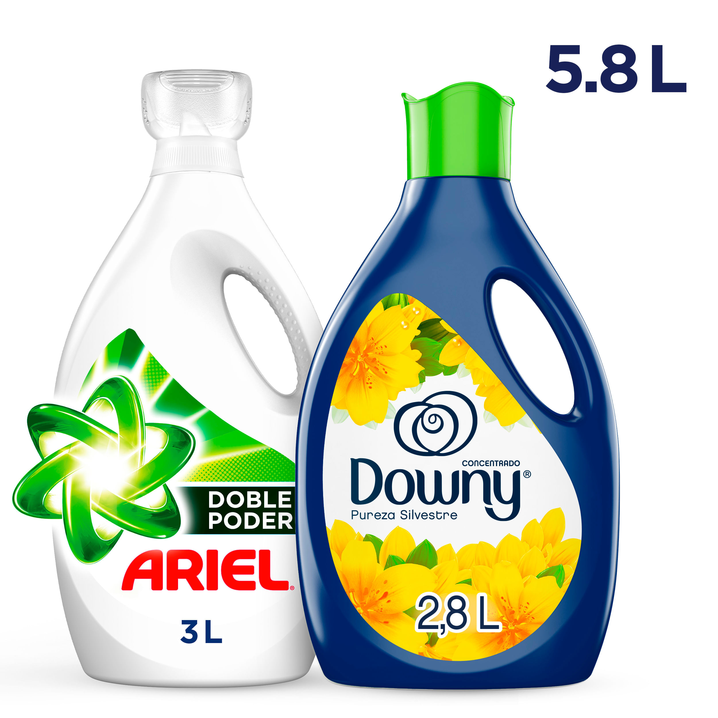 Pack Detergente líquido ARIEL Concentrado Galonera 3000ml + Suavizante DOWNY Pureza Silvestre Botella 2.8L