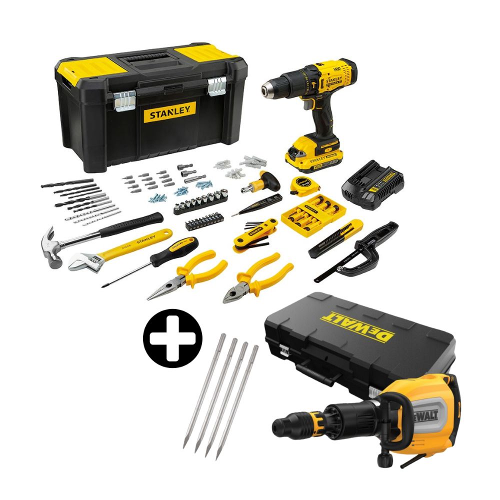 COMBO Demoledor D25911 SDS Max 1700W Dewalt + Taladro Percutor 1/2" 20V FATMAX y 119 accesorios Stanley