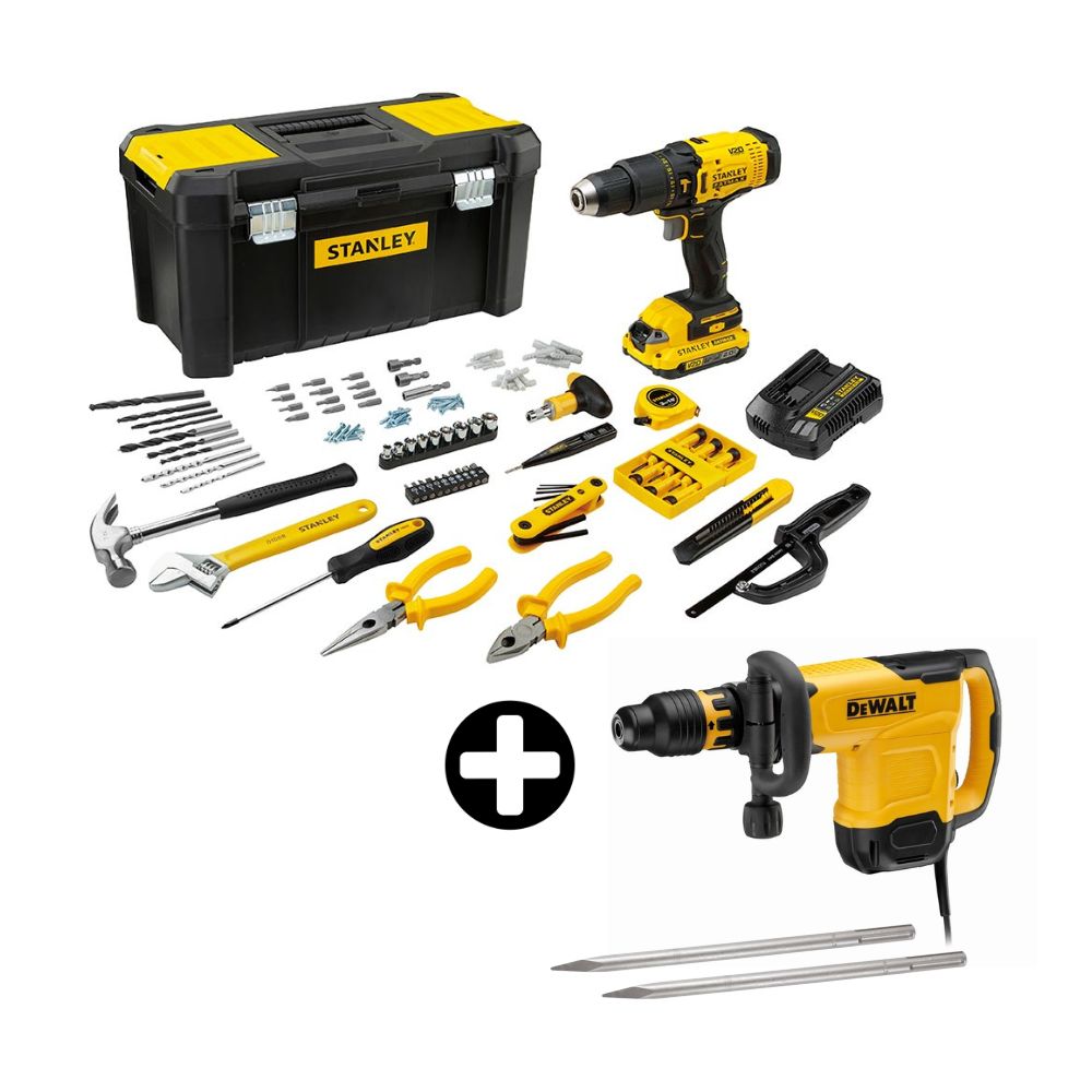 COMBO Demoledor 10kg 1600W D25881K S-Max Dewalt + Taladro Percutor 1/2" 20V FATMAX y 119 Accesorios Stanley