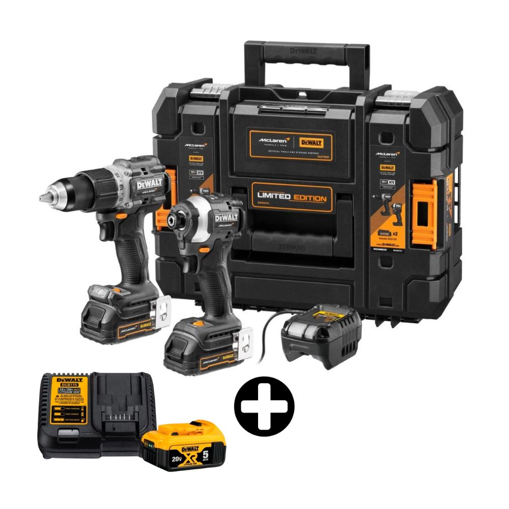 COMBO Taladro 20V + Atornillador de impacto Mclaren DCK200ME2GT + Batería 5.0Ah 20V Max DCB205 + Cargador 12/20V DCB115 Dewalt