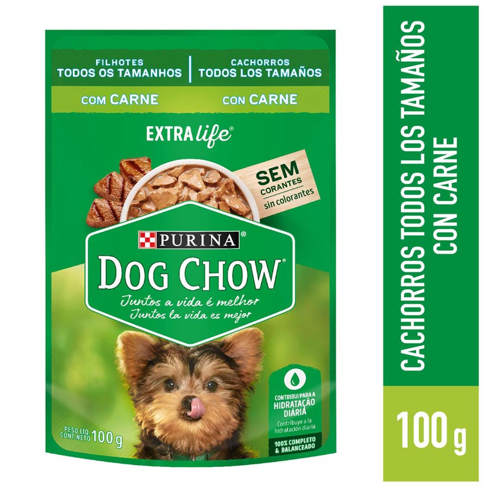 Comida para Perros DOG CHOW Cachorros Razas Pequeñas Sabor Carne, Leche y Arroz Pouch 100g