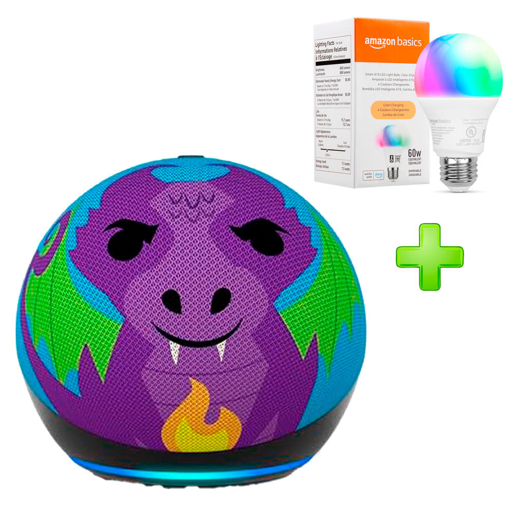 Pack Echo Dot para Niños 5ta Gen Alexa Dragón Morado + Foco Amazon Basics 60W