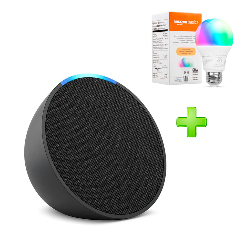 Pack Echo Pop Parlante Inteligente Alexa Negro + Foco Amazon Basics 60W