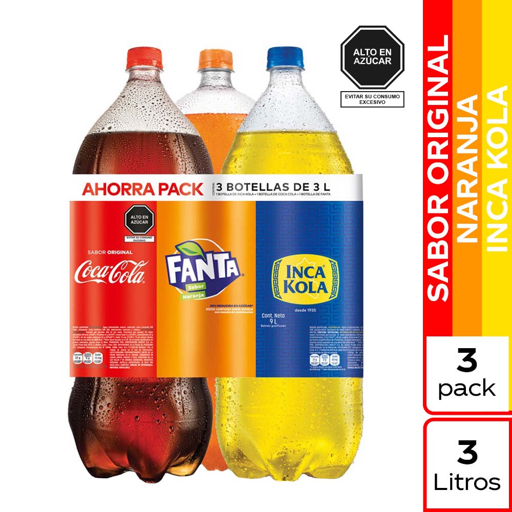 Gaseosa INCA KOLA + COCA COLA + FANTA Botella 3L Paquete 3un