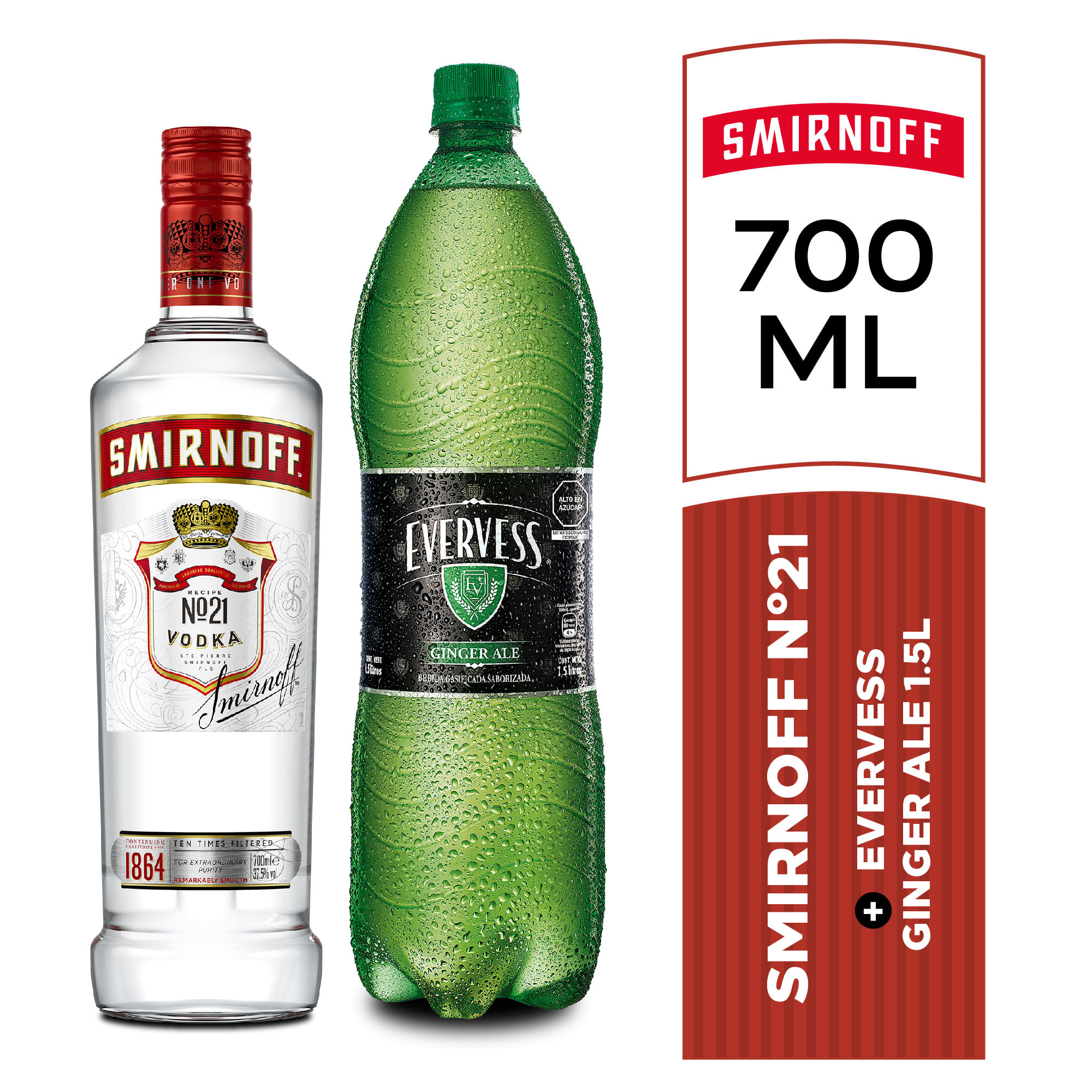 Pack Vodka SMIRNOFF N°21 Botella 700ml + Ginger Ale EVERVESS Botella 1.5L