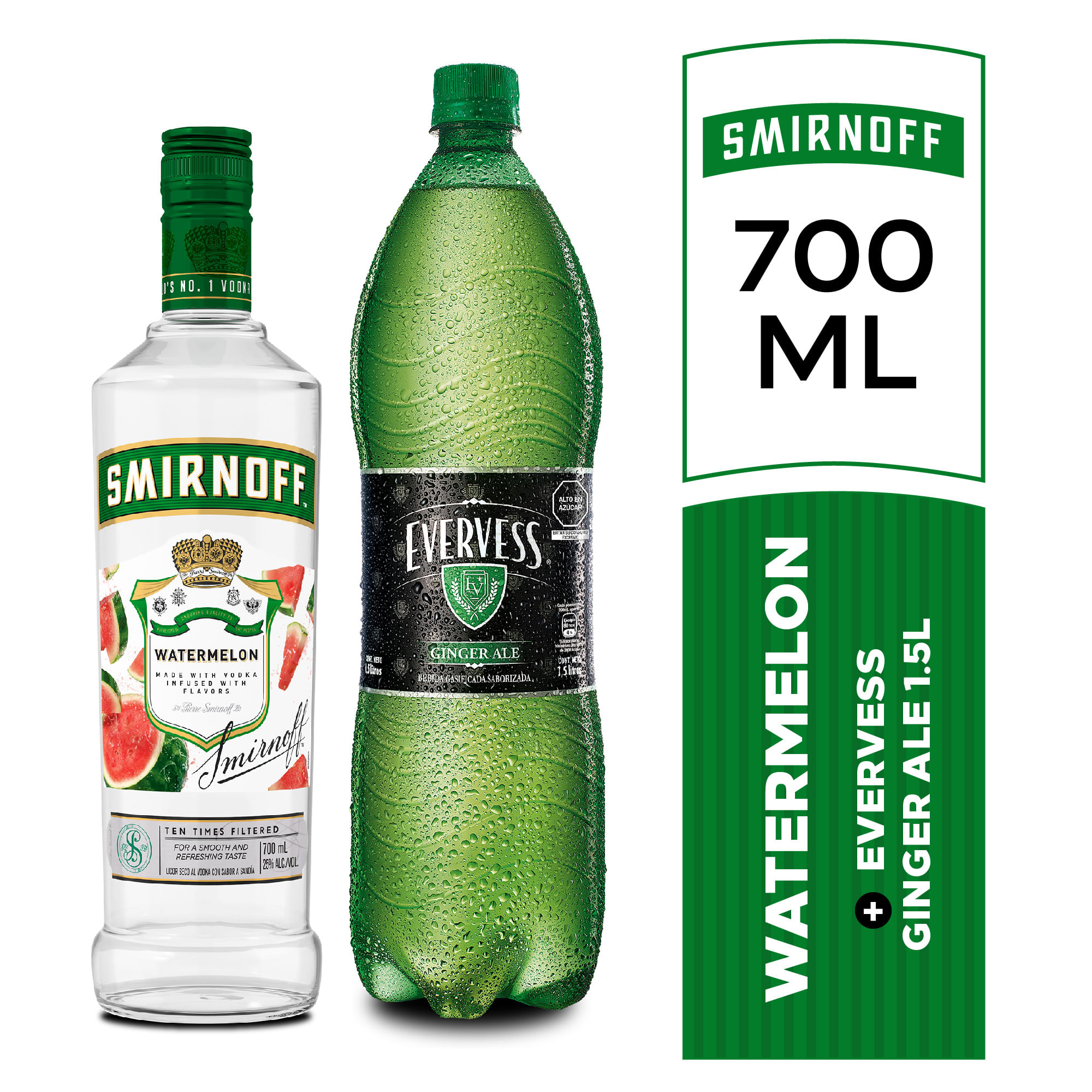 Pack Vodka SMIRNOFF Watermelon Botella 700ml + Ginger Ale EVERVESS Botella 1.5L