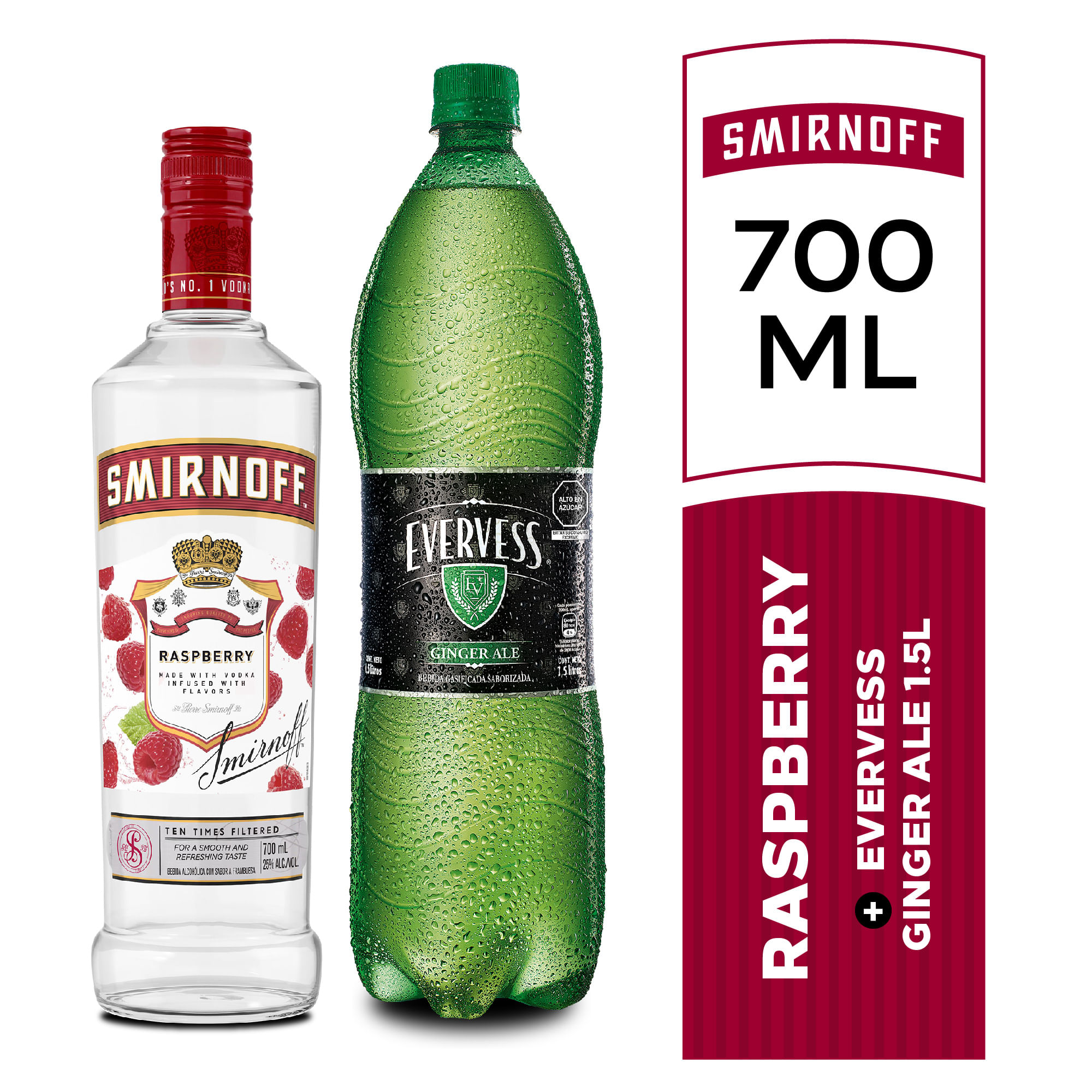 Pack Vodka SMIRNOFF Raspberry Botella 700ml + Ginger Ale EVERVESS Botella 1.5L