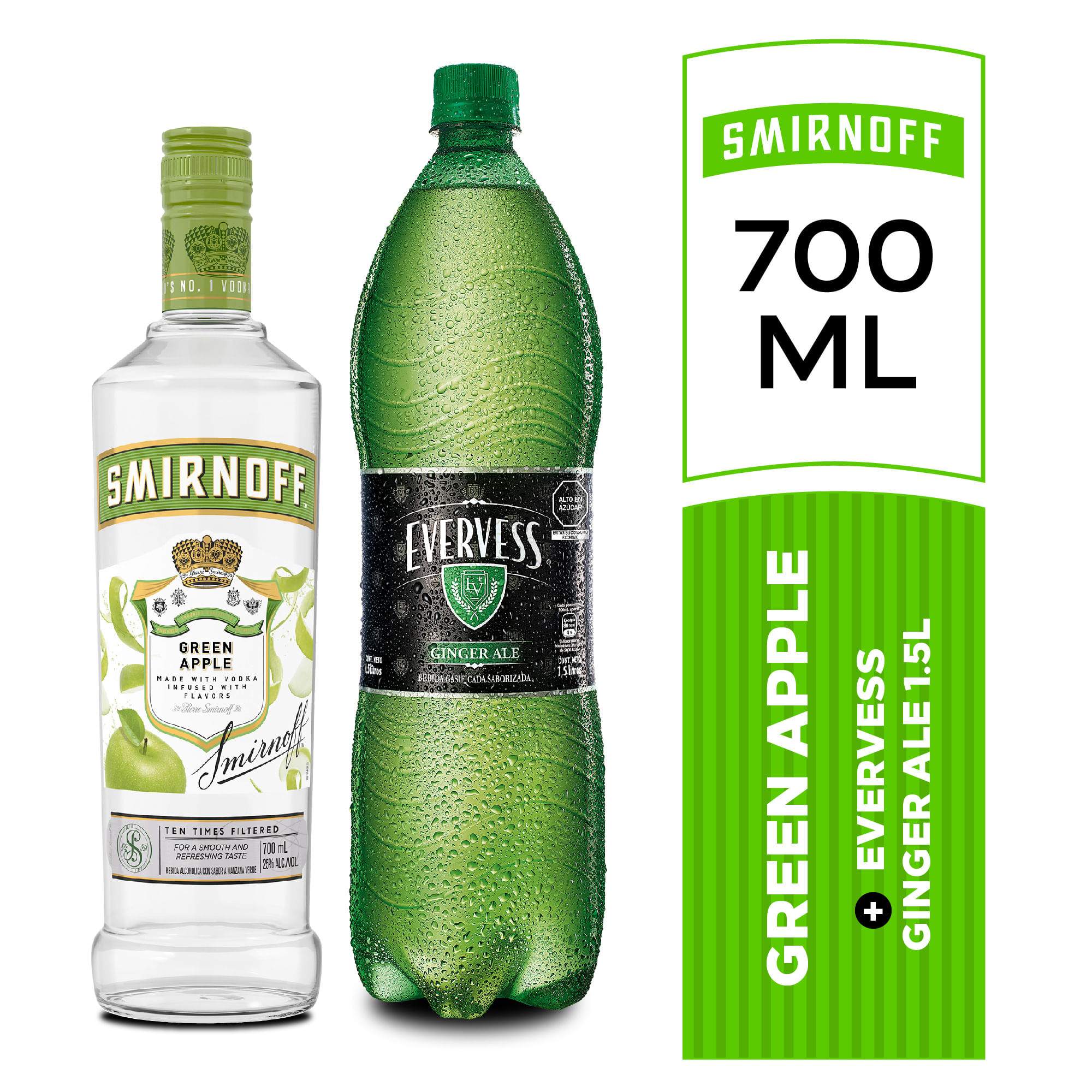 Pack Vodka SMIRNOFF Apple Botella 700ml + Ginger Ale EVERVESS Botella 1.5L