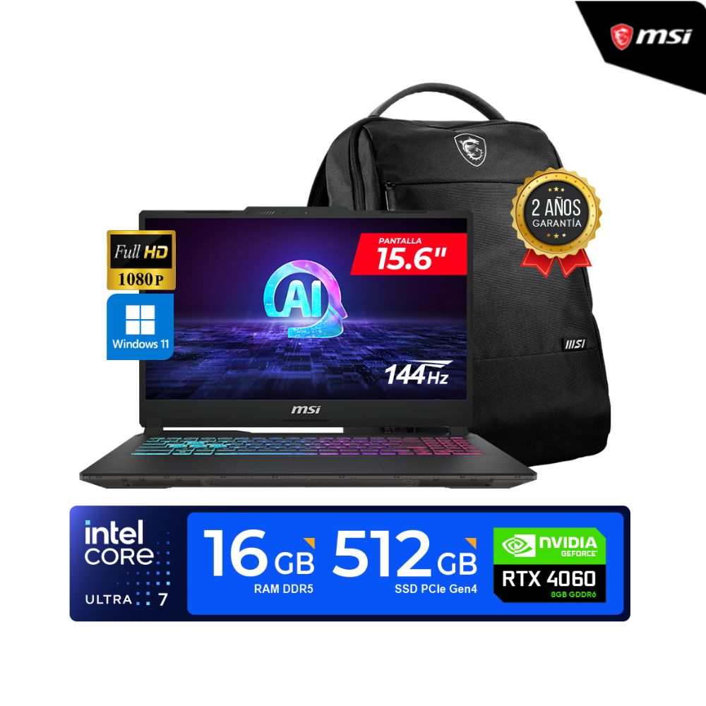 Laptop Msi Cyborg 15  15.6" FHD IPS Core Ultra 7 155H 16GB DDR5 5600MHz 512GB SSD RTX4060 8GB Win 11