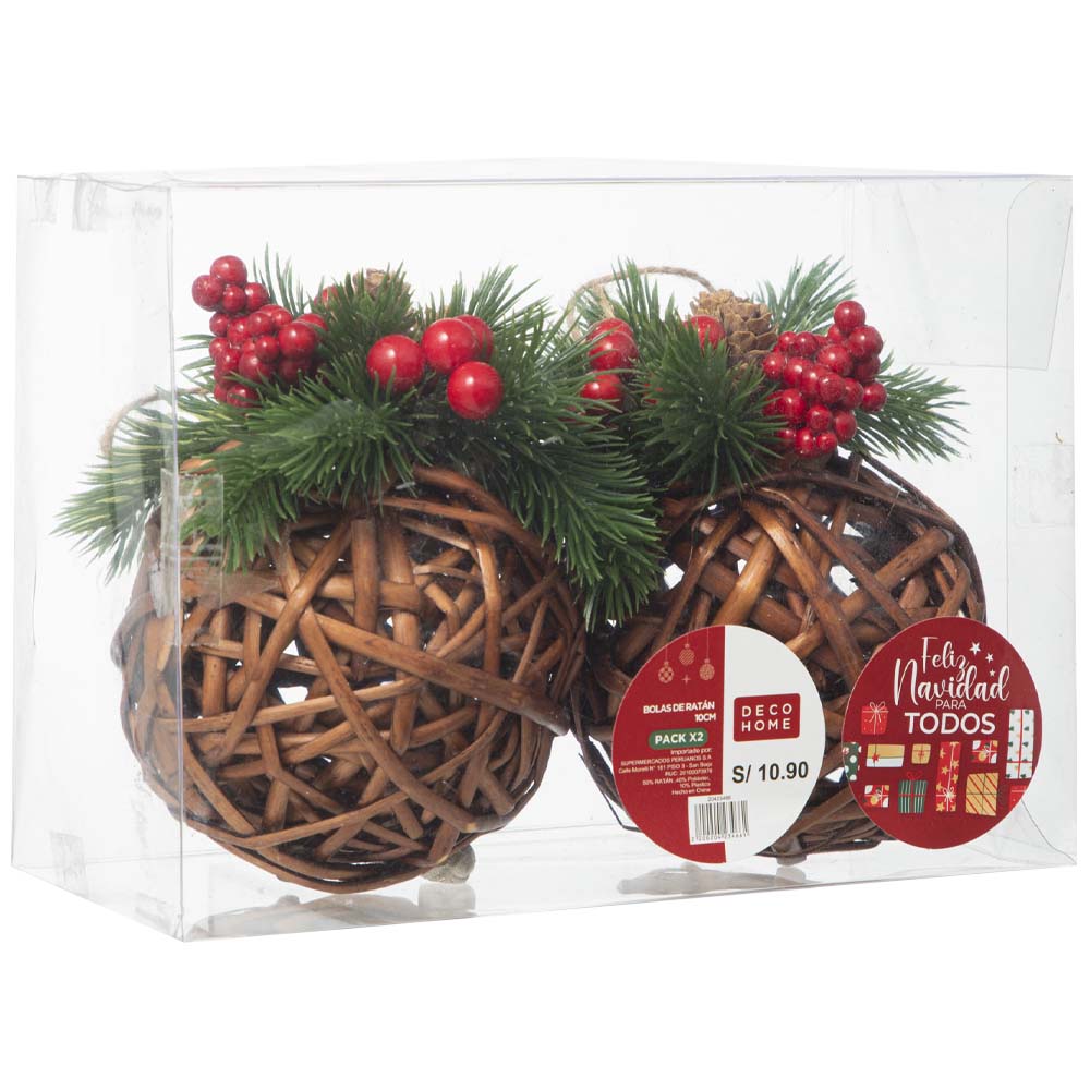 Set de Bolas DECO HOME Ratán 10cm 2un Feliz Navidad