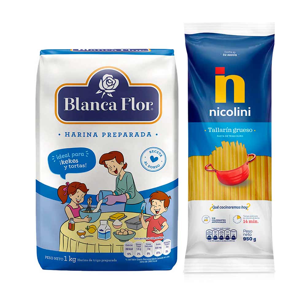 Pack Harina de Trigo Preparada BLANCA FLOR Bolsa 1Kg + Fideos Tallarín NICOLINI Bolsa 950g