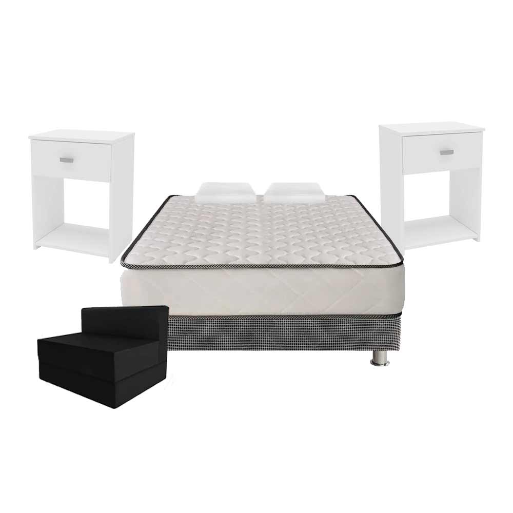 Pack Cama 2 plazas(Colchón + Base Tarima) + Sofá Cama + 2 Almohadas + Velador Miami Blanco