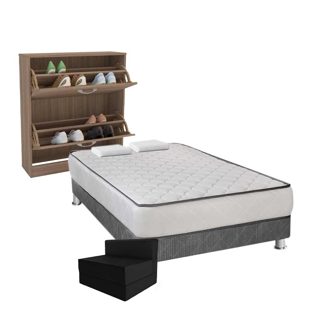 Pack Cama 2 plazas (Colchón + Base Tarima) + Sofá Cama + 2 Almohadas + Zapatera Fortaleza 2 cajones