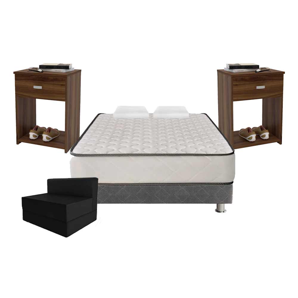 Pack Cama 2 plazas(Colchón + Base Tarima) + Sofá Cama + 2 Almohadas + Velador Miami Avellana