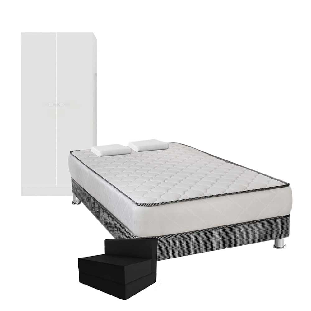 Pack Cama 2 plazas(Colchón + Base Tarima) + Sofá Cama + 2 Almohadas + Ropero 2 puertas Blanco