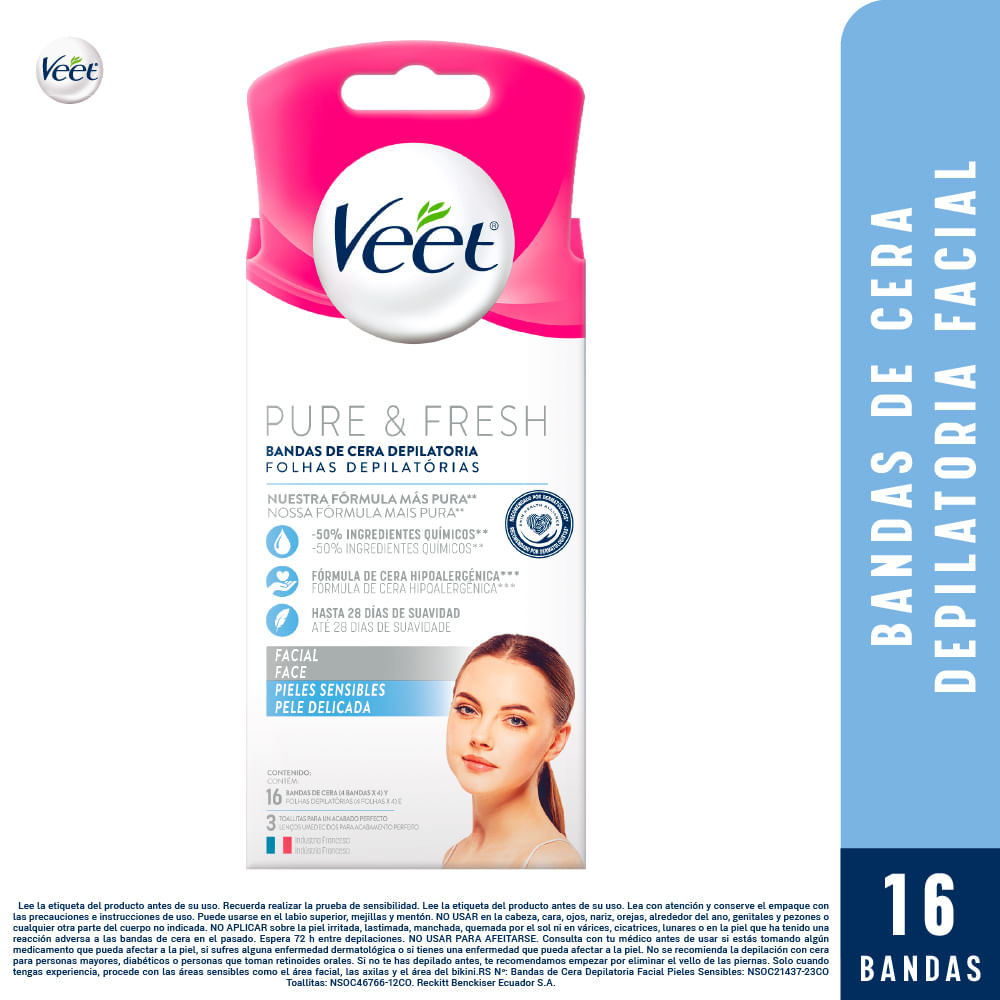 Banda Depilatoria Facial VEET Pure Piel Sensible Caja 16un