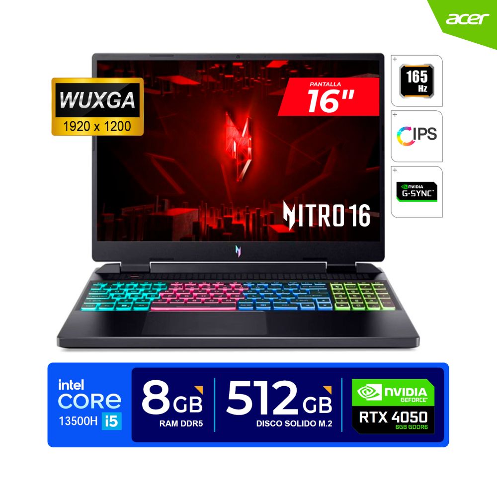 Laptop Acer Nitro 16  16"WUXGA 165Hz Core i5 13500H 4.7GHz 8GB DDR5 512GB SSD RTX 4050 6GB FREEDOS