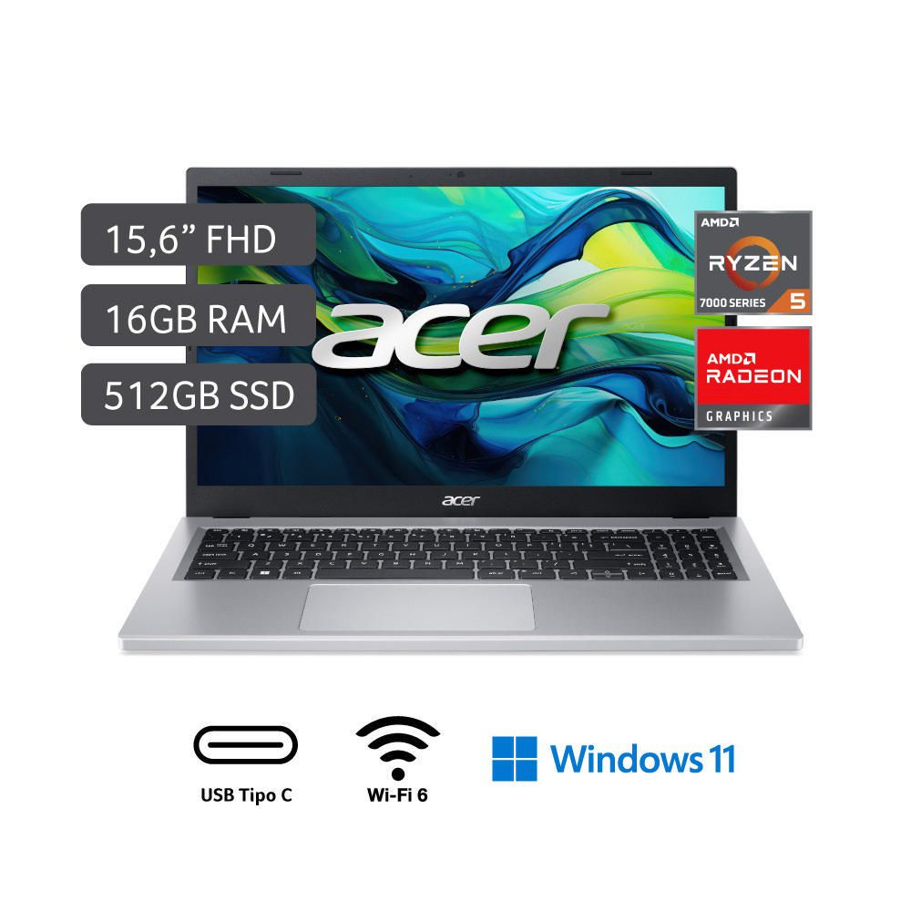 Laptop Acer  R5-7520U 16GB RAM 512GB SSD 15.6" Silver