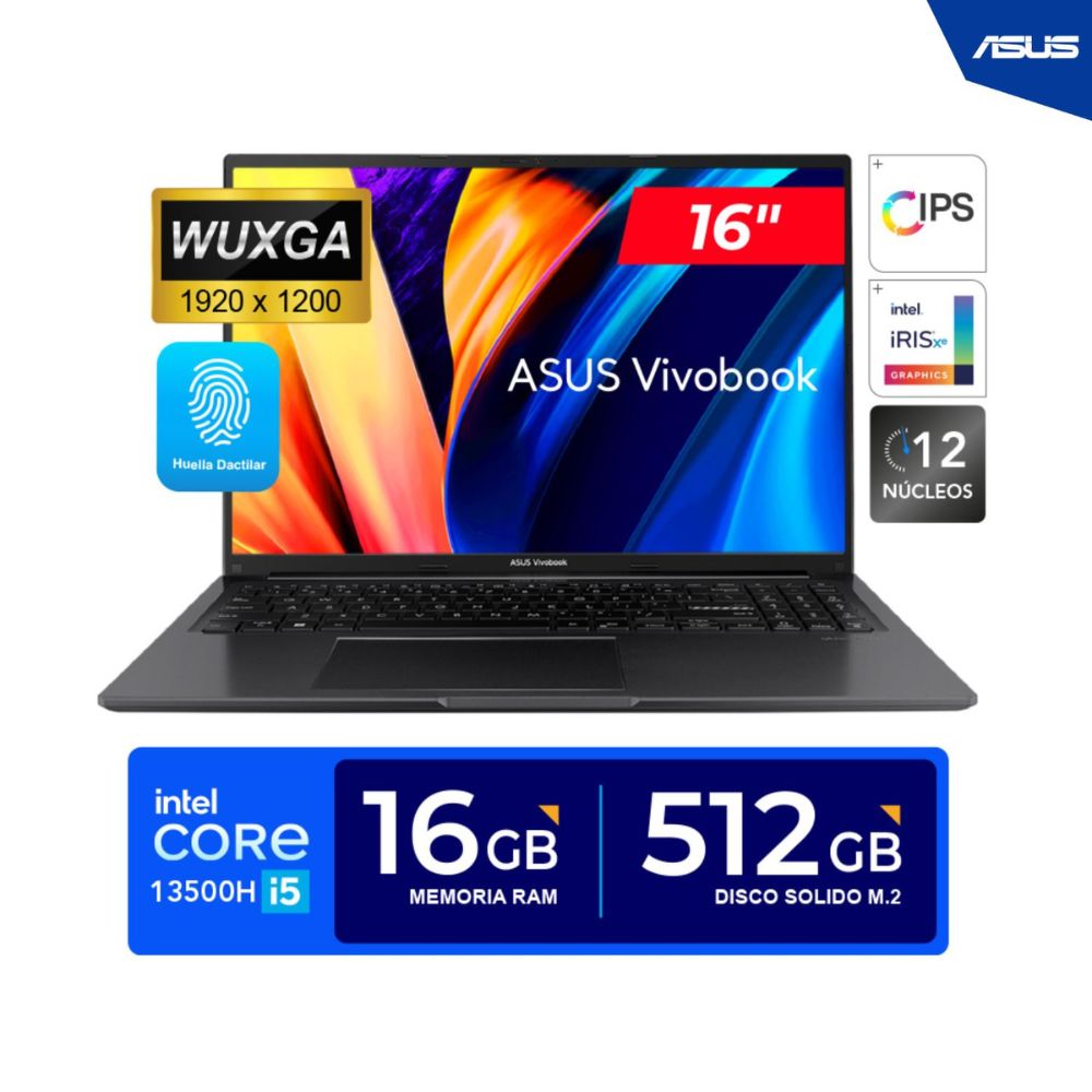 Laptop ASUS Vivobook 16" WUXGA IPS Core i5-13500H 4.7GHz 12 Núcleos 16GB DDR4 512GB SSD FREEDOS