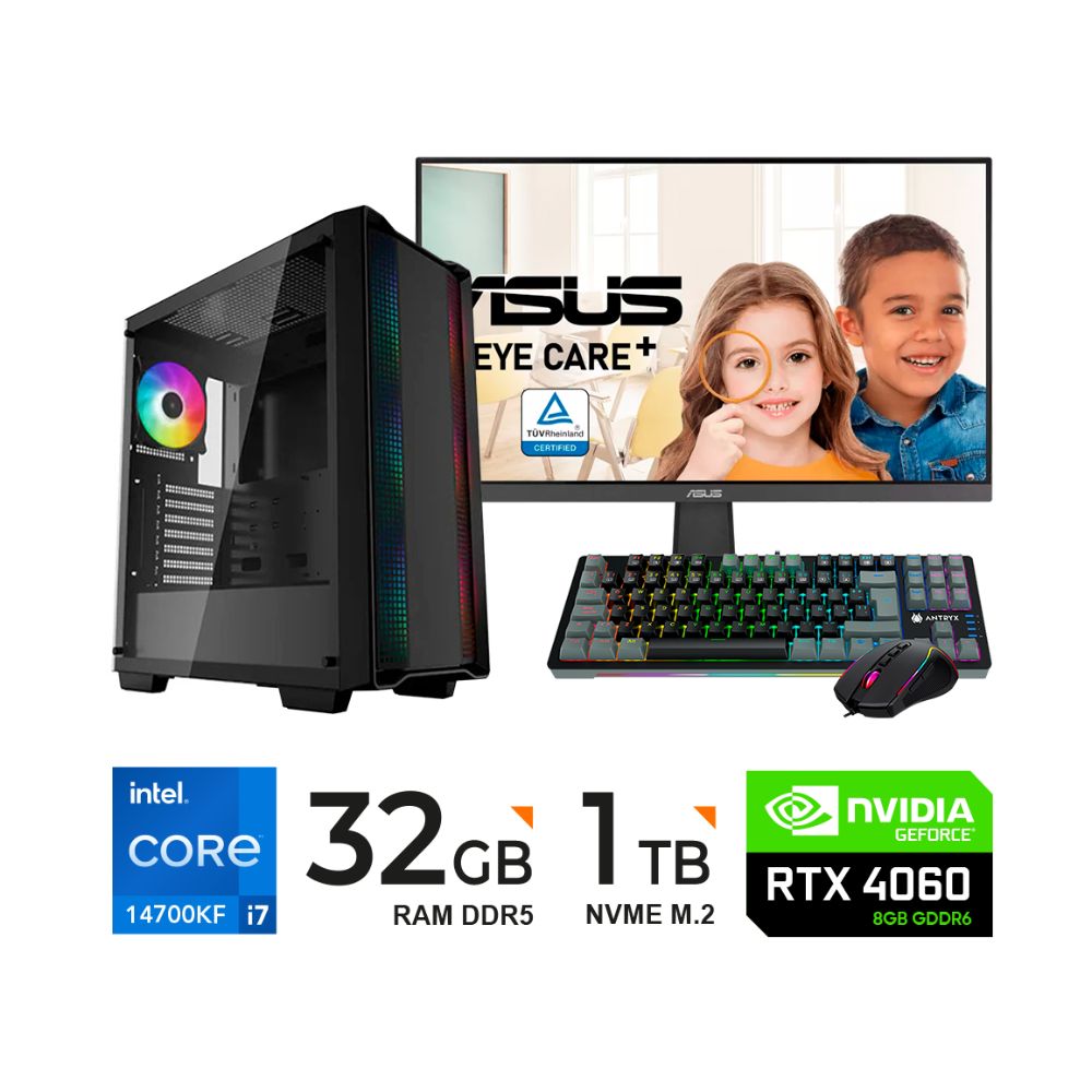 Computadora PC INTEL I7 14700KF 32GB DDR5 1TB VIDEO RTX4060 8GB MONITOR 27" ASUS 100Hz TECLADOYMOUSE