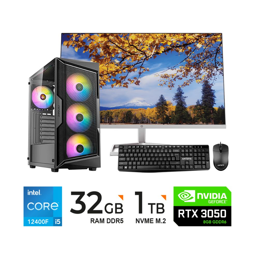 Computadora PC INTEL I5 12400F 32GB DDR5 1TB M.2 VIDEO RTX 3050 8GB MONITOR 27"FHD KIT TECLADOYMOUSE