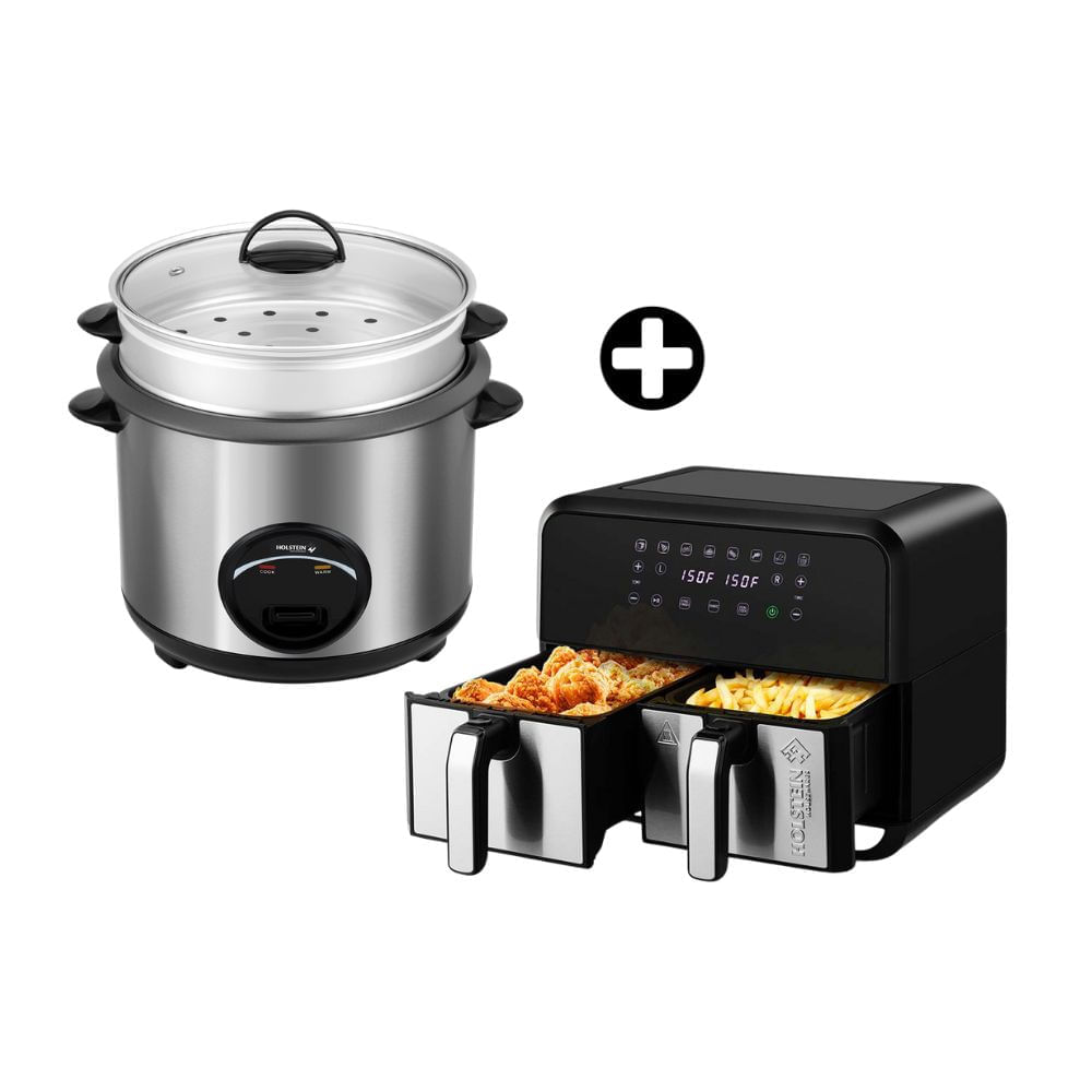 COMBO Holstein: Olla Arrocera con Vaporera 2.5L + Freidora de Aire Doble 7.6L