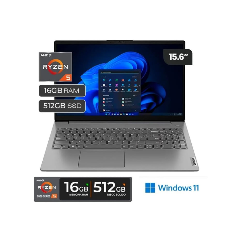 Laptop Lenovo 15.6" AMD Ryzen 5 7520U RAM 16GB SSD 512GB Con Windows 11 V15 G4 AMN Gris Ártico