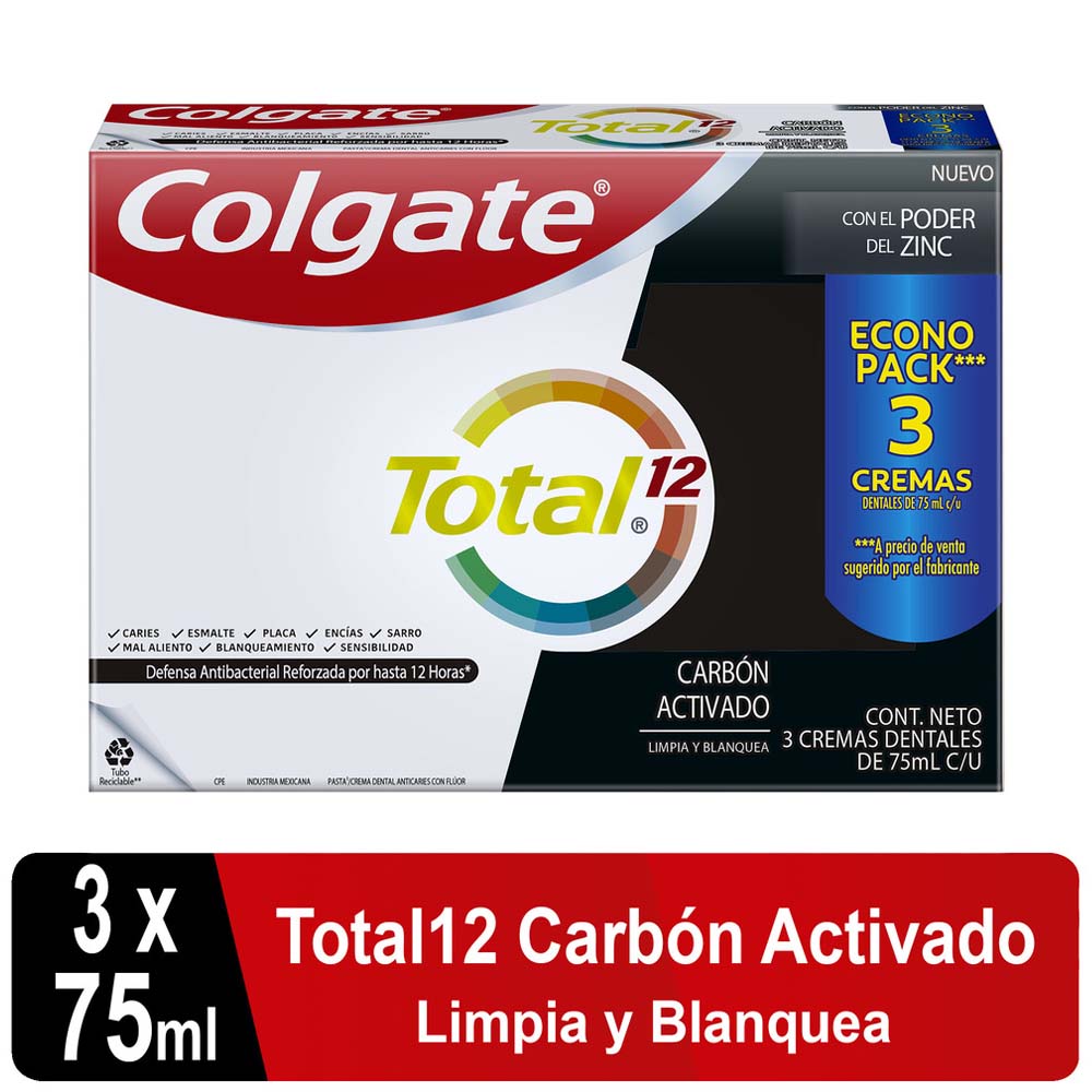 Pasta Dental COLGATE Total 12 Carbón Activado Paquete 3x75ml