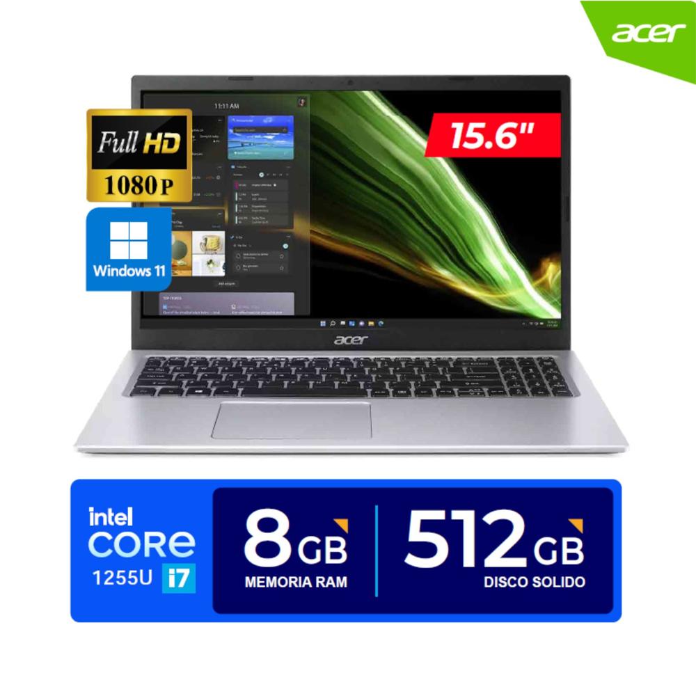 Laptop ACER Aspire 3  15.6" FHD Core i7-1255U  4.70 GHz 10 Núcleos  8GB DDR4 512GB SSD  Win 11 Home