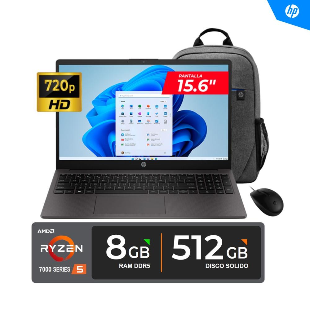 Laptop HP 255 G10 15.6"HD AMD Ryzen 5 7520U 4.30GHz 8GB DDR5  512GB SSD FREEDOS (MOCHILA + MOUSE HP)