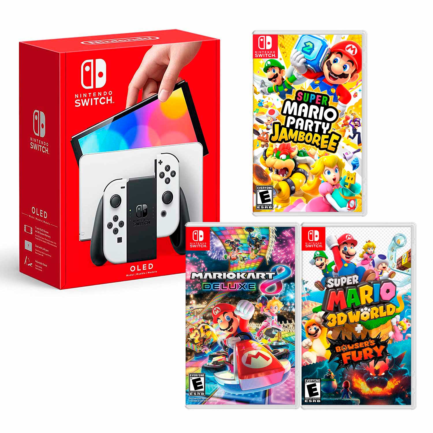 Consola Nintendo Switch Modelo Oled Blanco + Mario Party Jamboree+ Mario Kart 8 + Mario Fury